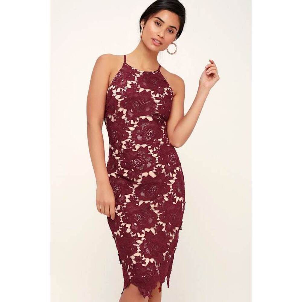 Lulus Temps De L'amour Burgundy Lace Bodycon Midi Dress Red - Size S. NWT